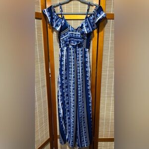🔒 Japna blue & white wide leg jumpsuit with cold shoulder ruffle, size S
